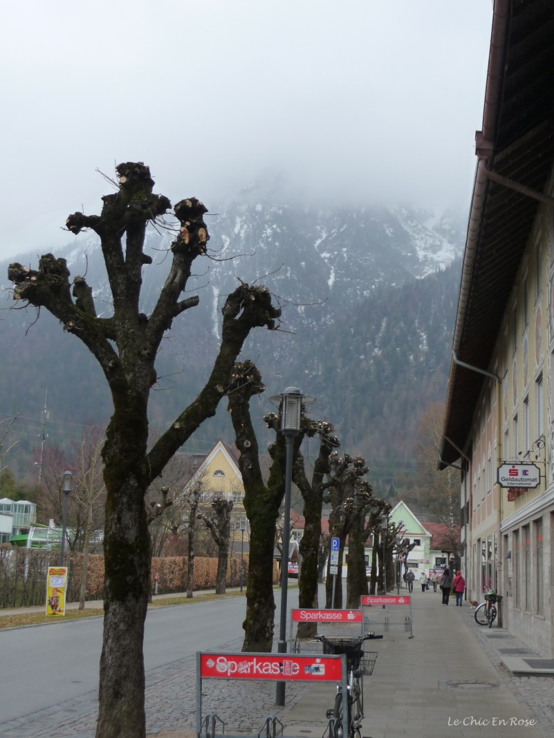 The view back towards the Alps from Mittenwald main street obscured by the rain and mist!