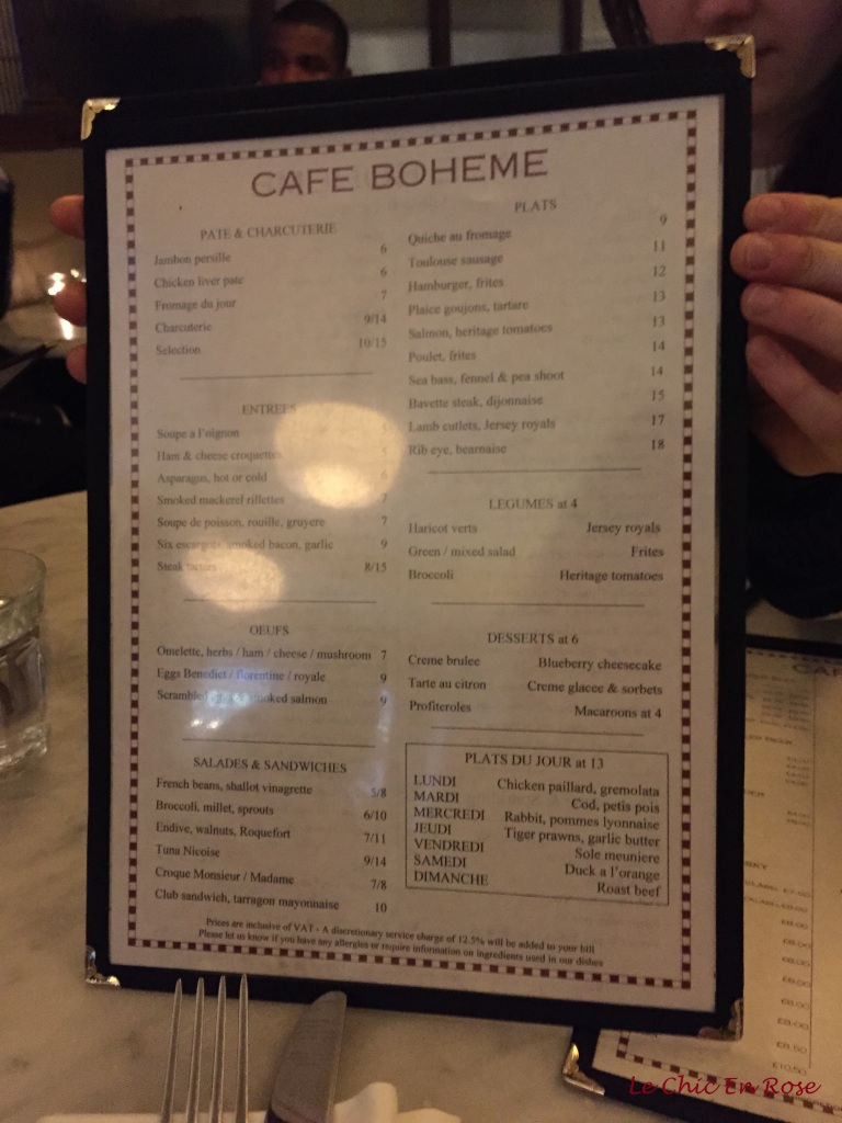 Cafe Boheme Menu